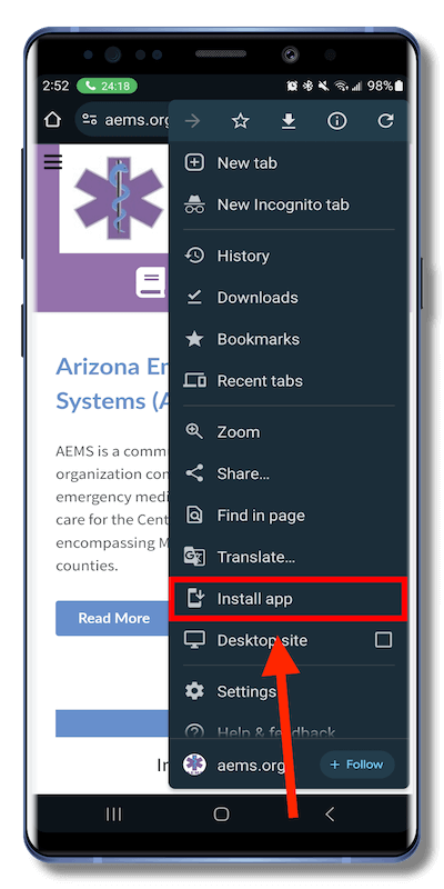 Installing AEMS Progressive Web App on Android - Step 2